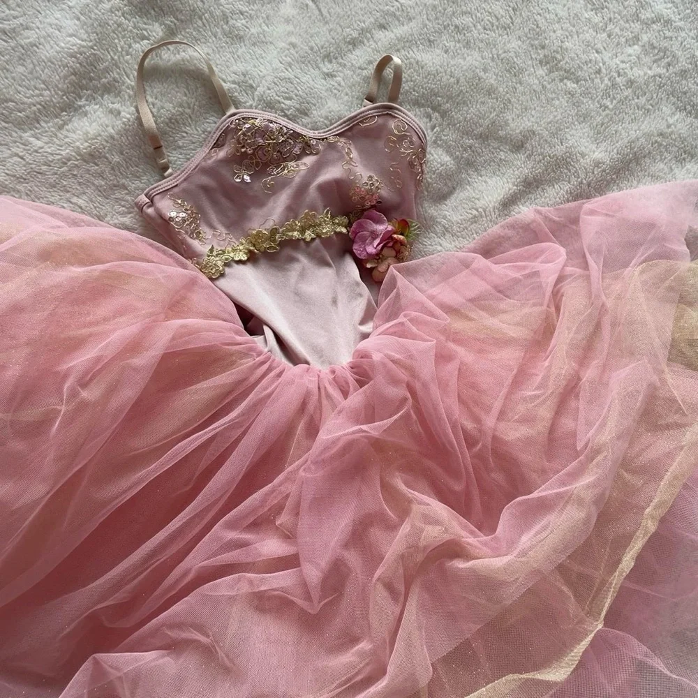 Children's girls pink glitter tutu ballet dress embroidered leotard | 7-8 years